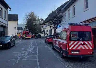 Zwei Feuerwehrautos, ein Drehleiter und ein Feuerwehrwagen stehen in einer Wohnstraße in der Nähe von Reihenhäusern; Rettungskräfte sind vor Ort und unterstützen die Patientenrettung.